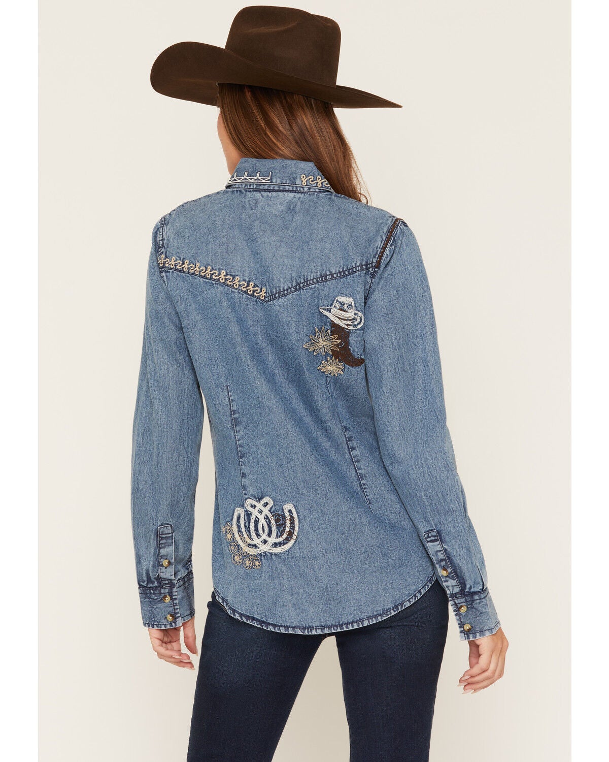 Image #4 - Shyanne Women's Ironwood Embroidered Long Sleeve Button-Down Woven Shirt, Light Medium Wash, hi-res