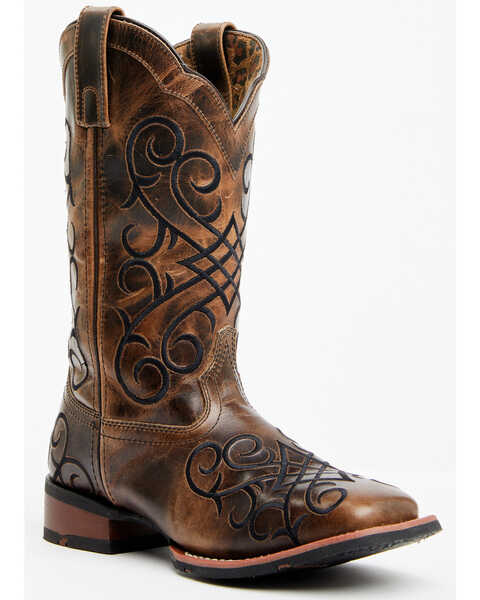 Laredo Women's Margo Western Boots - Broad Square Toe , Dark Brown, hi-res