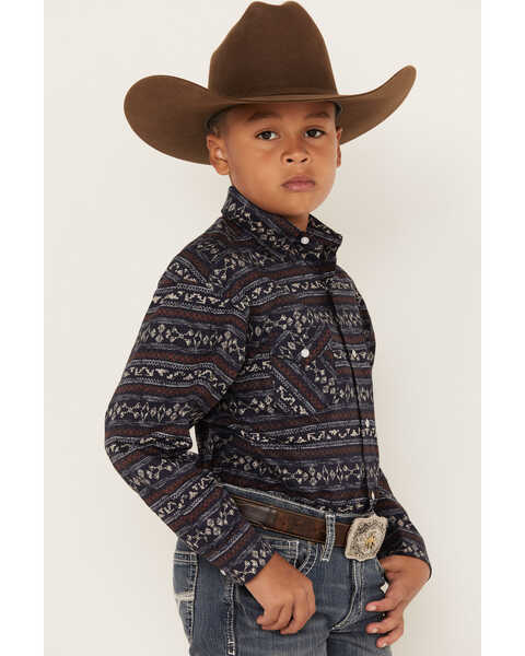 Rough Stock by Panhandle Boys' Southwestern Print Long Sleeve Snap Western Shirt, Navy, hi-res