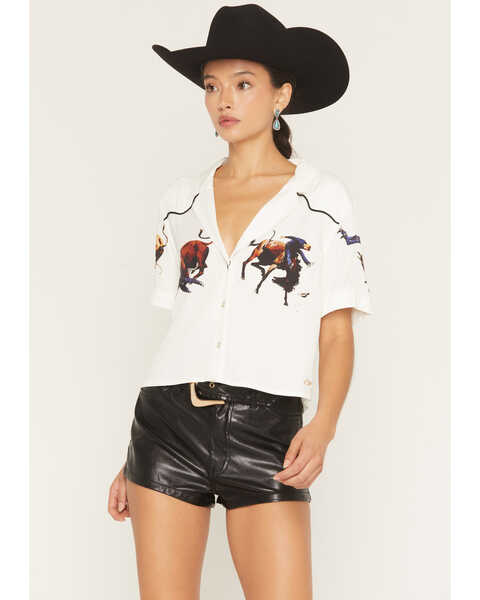 Wrangler X Lainey Wilson Women's Cowboy Short Sleeve Snap Camp Shirt, White, hi-res