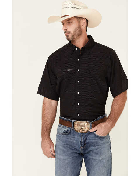 Panhandle Men's Performance Geo Print Short Sleeve Button Down Western Shirt , Red, hi-res