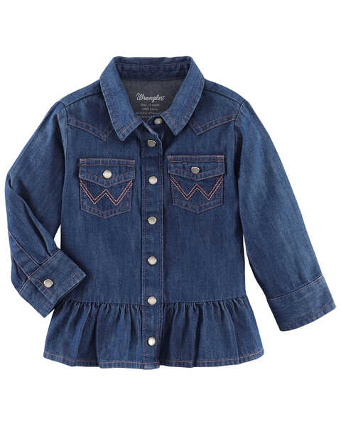 Wrangler Infant Girls' Dark Wash Denim Long Sleeve Western Shirt, Dark Wash, hi-res