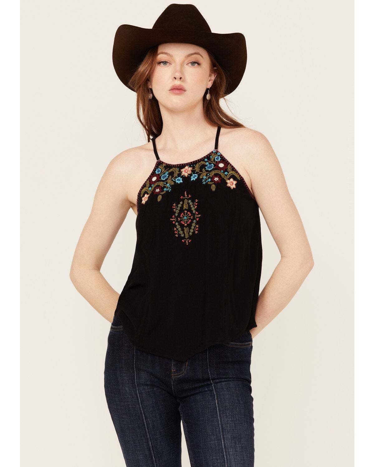 Idyllwind Women's Surrey Embroidered And Beaded Halter Top, Black, hi-res