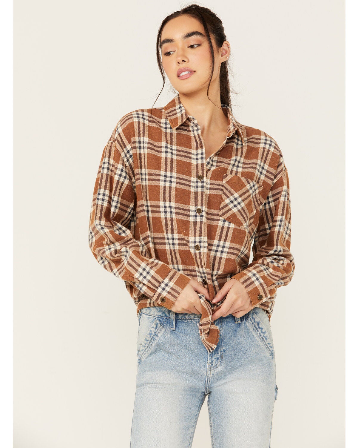 Cleo + Wolf Women's Aubrey Plaid Print Long Sleeve Button-Down Western Shirt, Chocolate, hi-res
