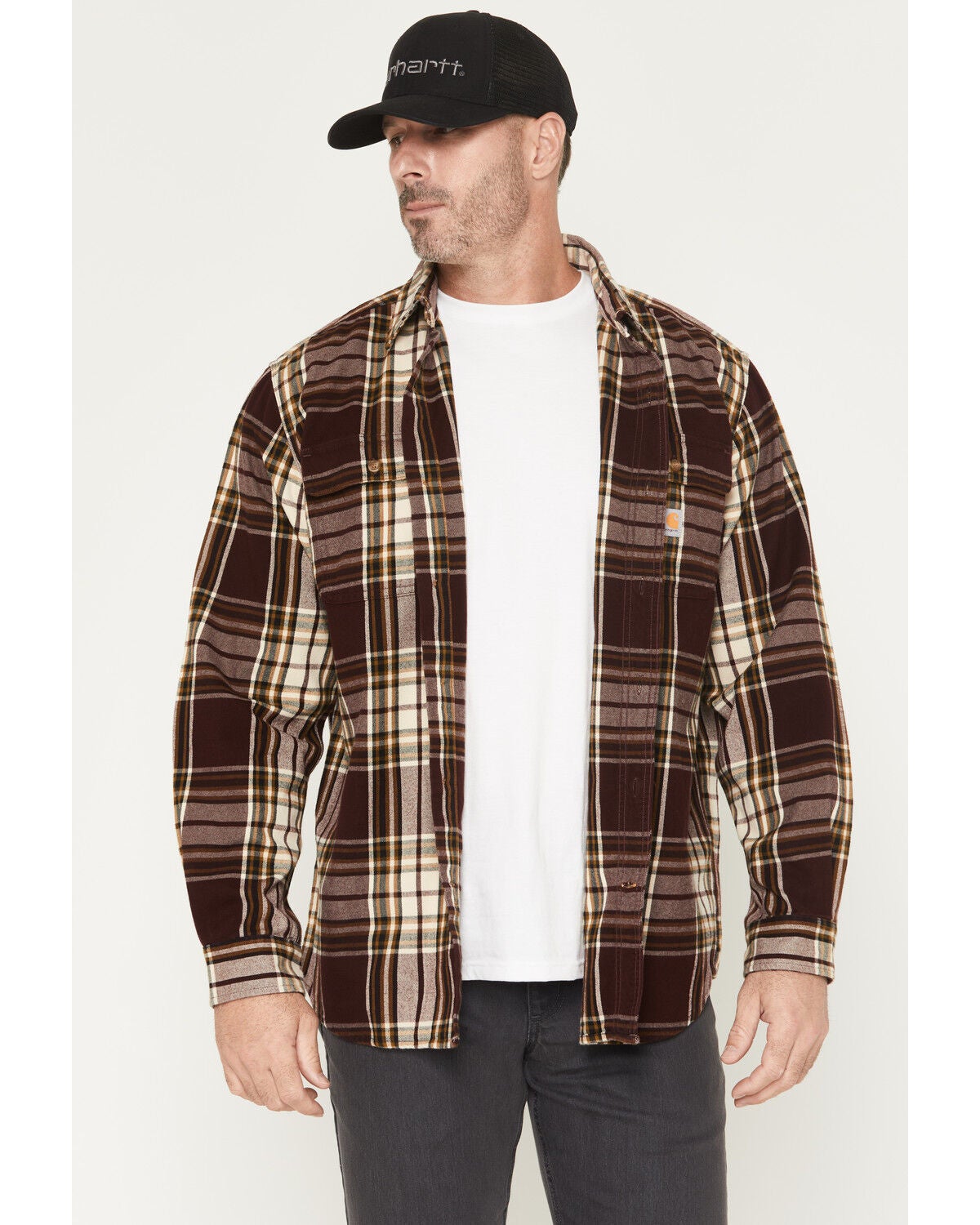 Carhartt Men's Heavyweight Plaid Print Long Sleeve Button-Down Flannel Shirt, Wine, hi-res