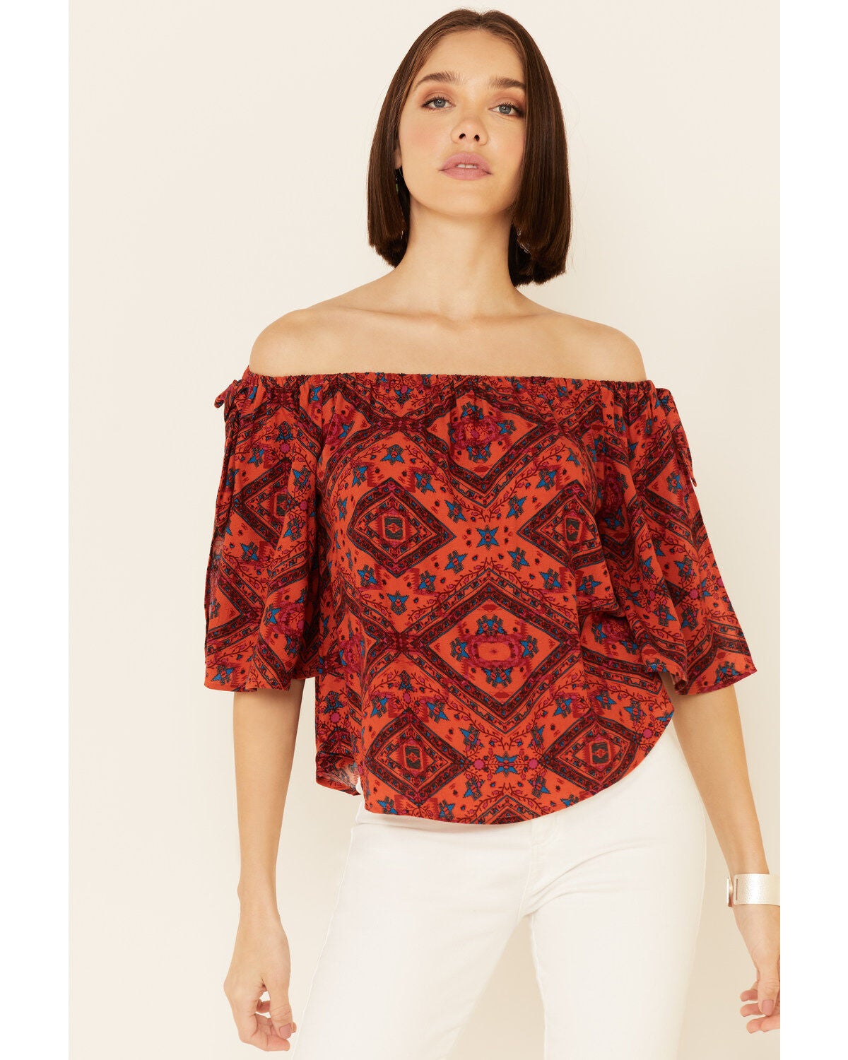 Shyanne Women's Tile Print Tie Sleeve Off-Shoulder Top, Chilli, hi-res