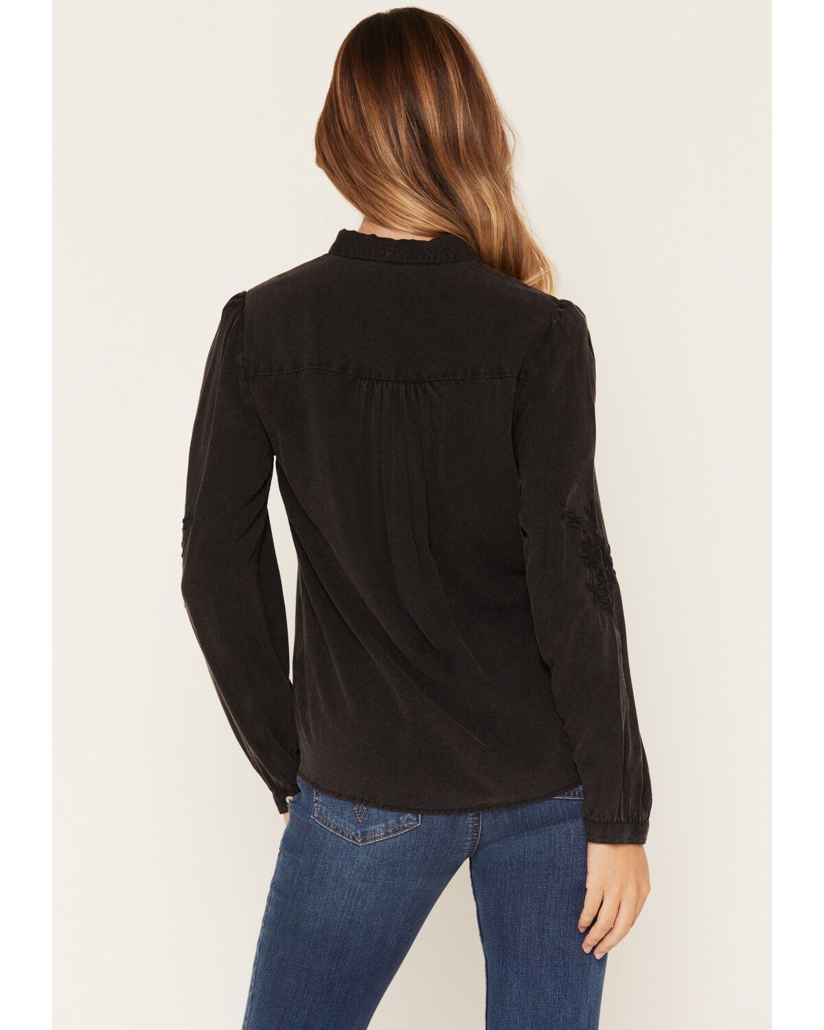 Image #4 - Lovestitch Women's Floral Embroidered Long Sleeve Button-Down Western Shirt, Black, hi-res