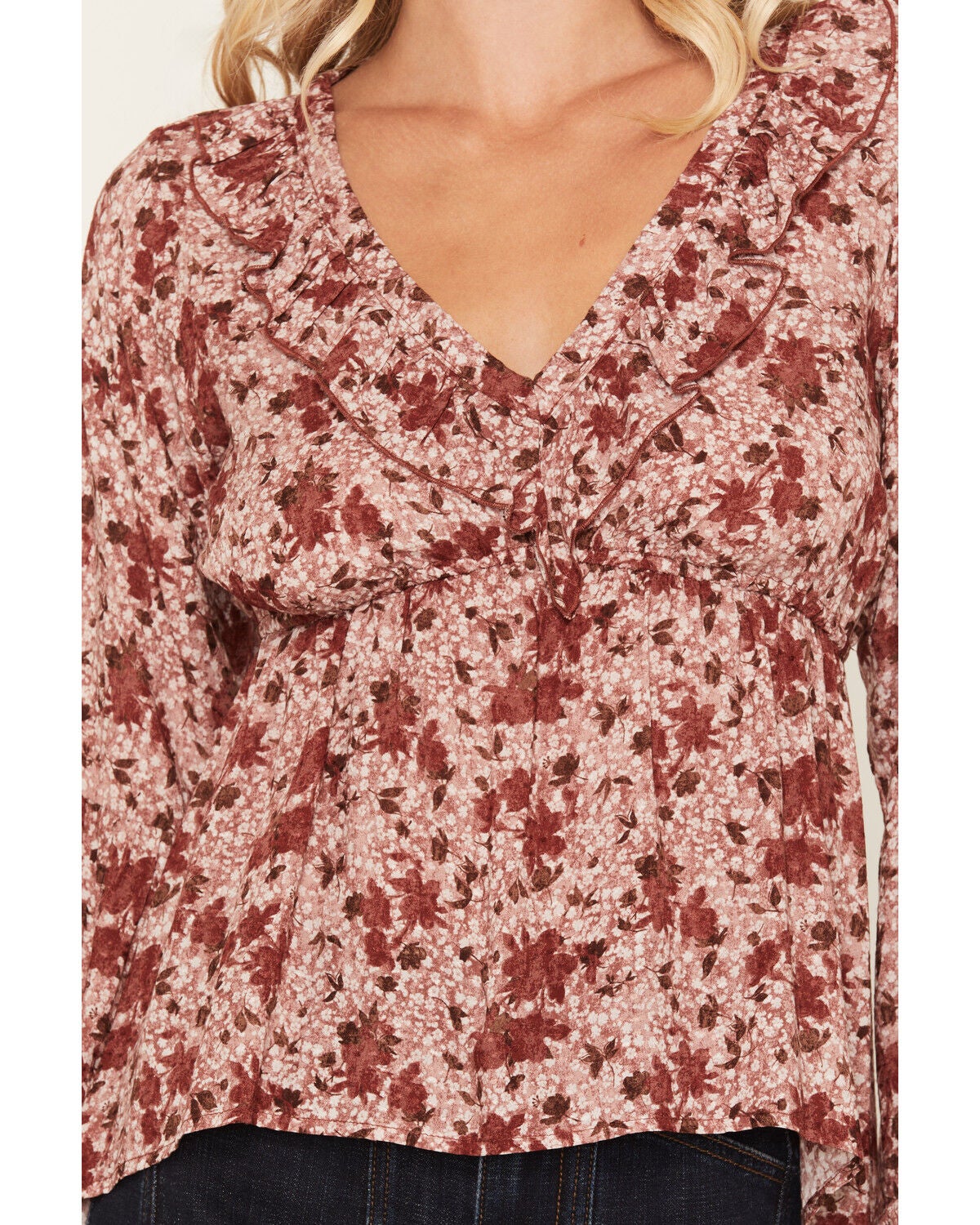 Image #3 - Wild Moss Women's Floral Print Ruffle Long Sleeve Top, Burgundy, hi-res