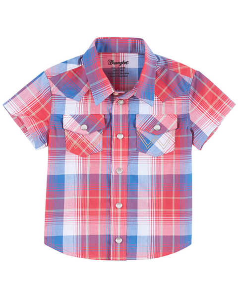 Wrangler Boys' Plaid Print Short Sleeve Western Woven Pearl Snap Shirt - Infant & Toddler, Red, hi-res