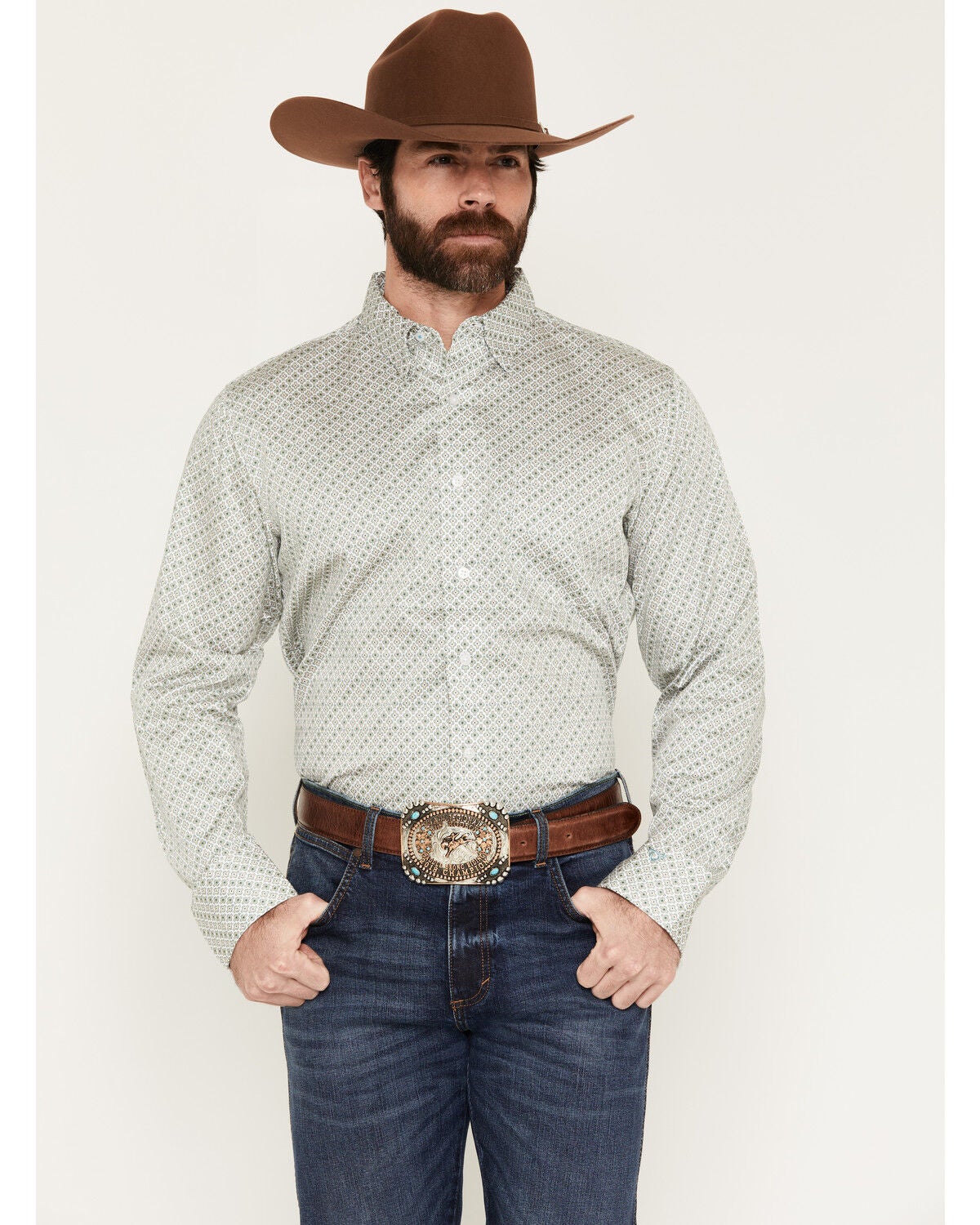 Wrangler X Cody Johnson Men's Medallion Print Long Sleeve Button-Down Western Shirt, Tan, hi-res