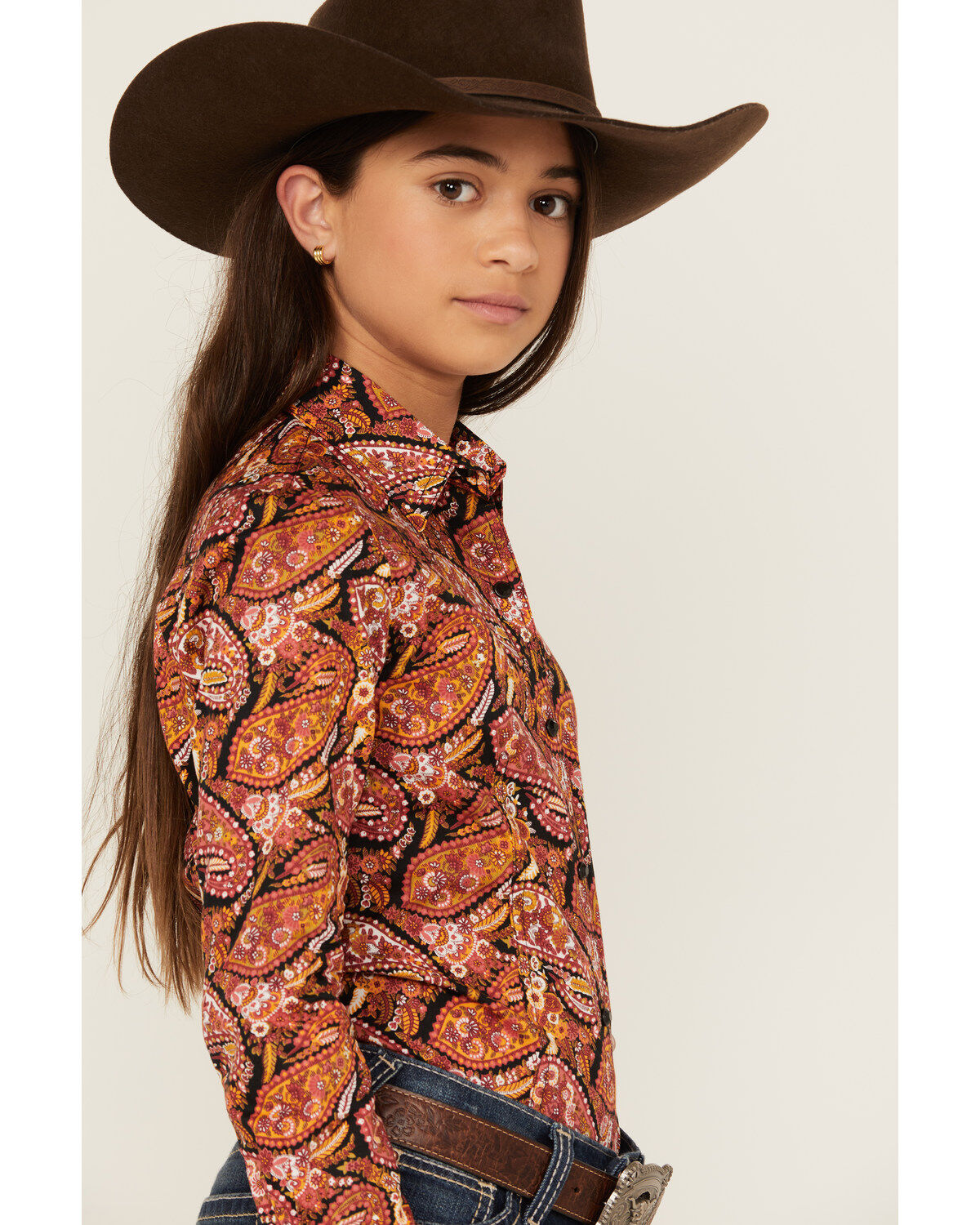 Image #2 - Cruel Girl Girls' Paisley Print Long Sleeve Button-Down Western Shirt, Coral, hi-res
