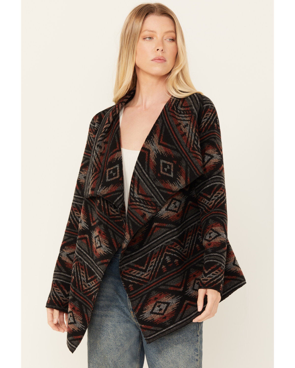 Cripple Creek Women's Southwestern print Blanket Wrap Jacket, Black, hi-res