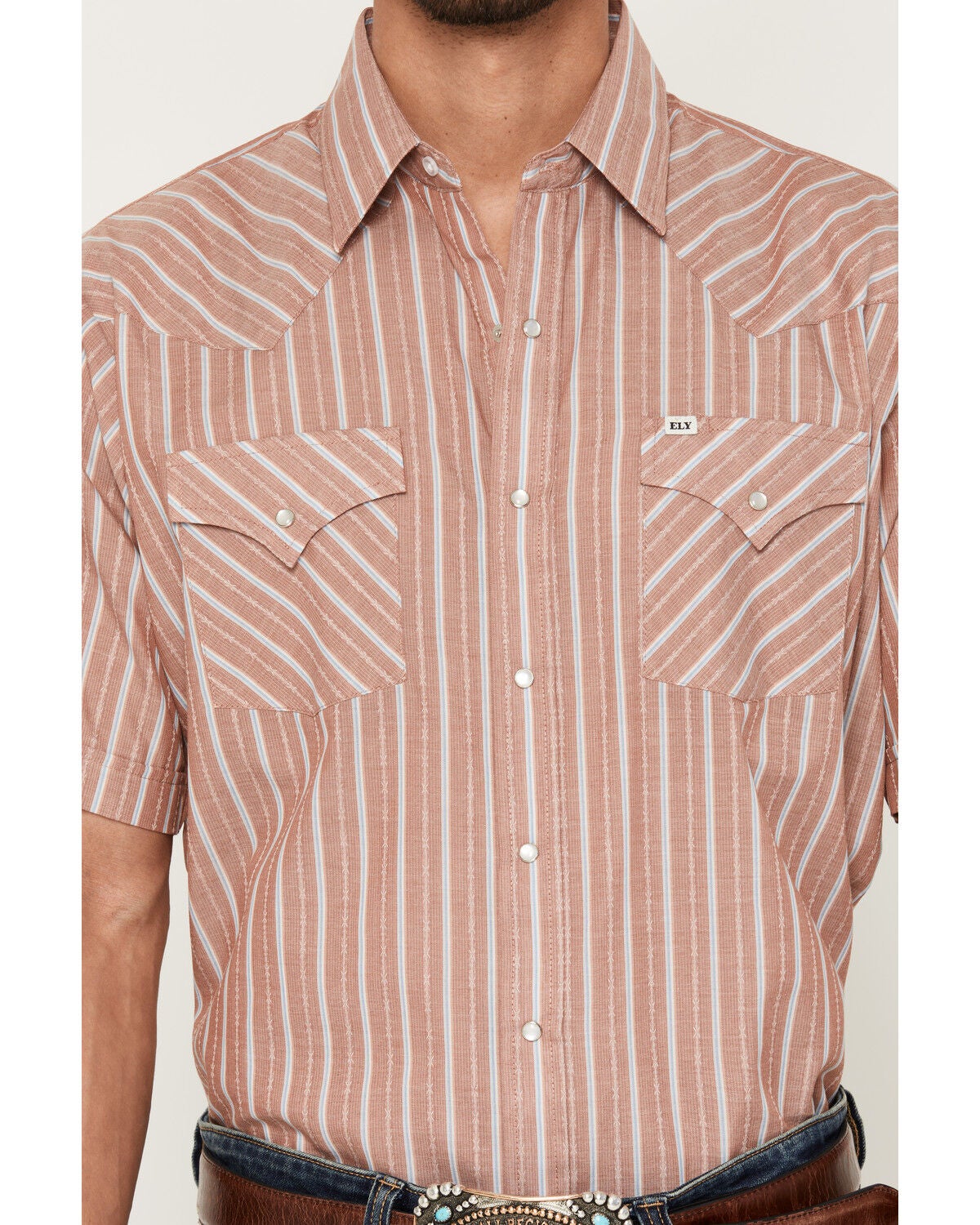 Image #3 - Ely Walker Men's Barbed Wire Striped Short Sleeve Pearl Snap Western Shirt, Rust Copper, hi-res