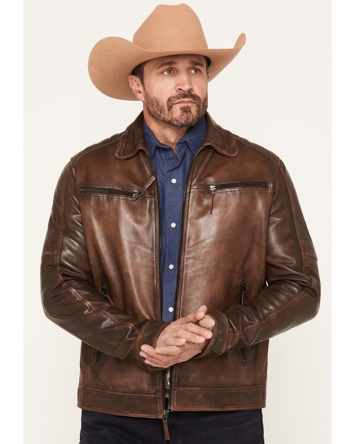 Image #1 - Scully Men's Leather Moto Jacket, Brown, hi-res