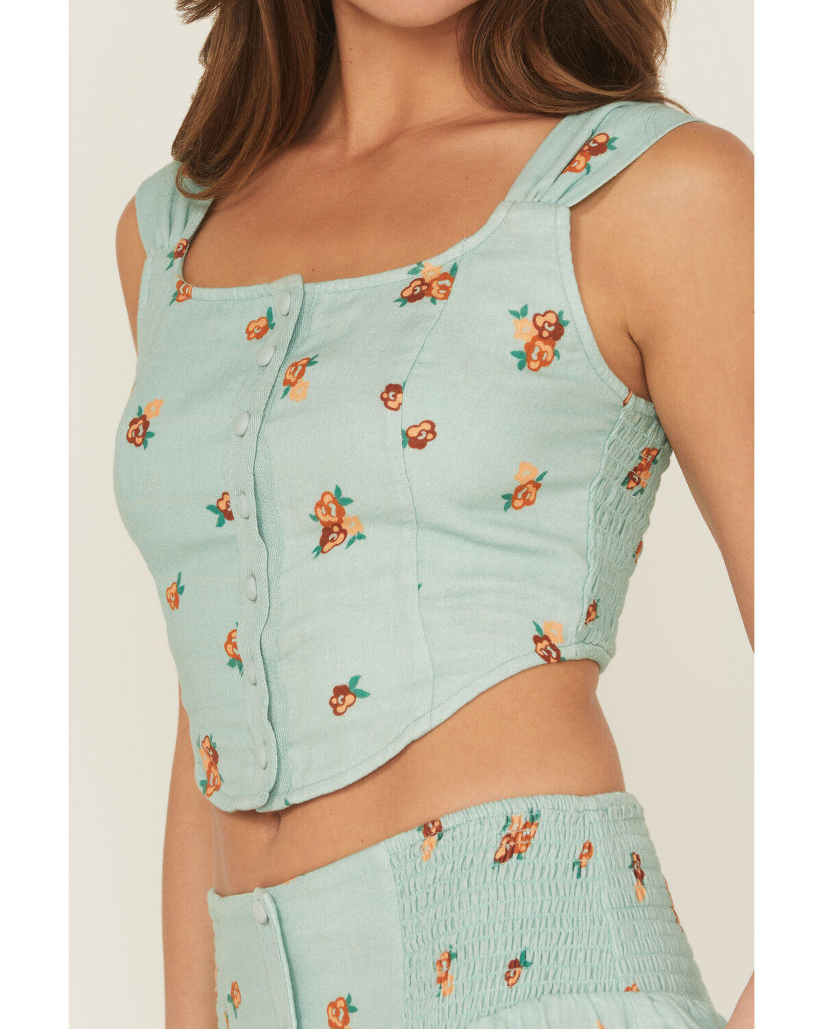 Image #3 - Rock & Roll Denim Women's Floral Print Button-Down Coreset Tank Top, Aqua, hi-res