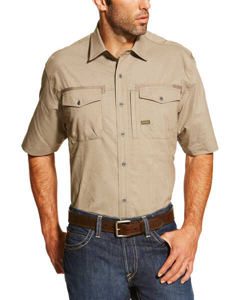 Image #1 - Ariat Men's Rebar Short Sleeve Button Down Work Shirt - Tall, Beige/khaki, hi-res