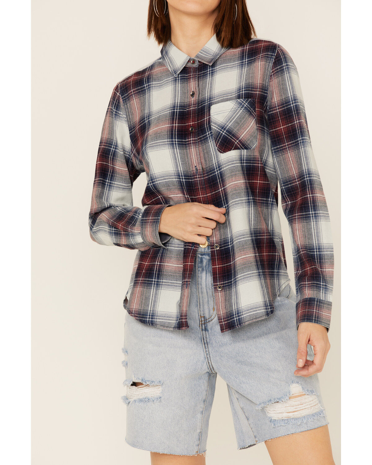 Image #3 - Flag & Anthem Women's Long Sleeve Pocket Button Shirt, Blue/white, hi-res