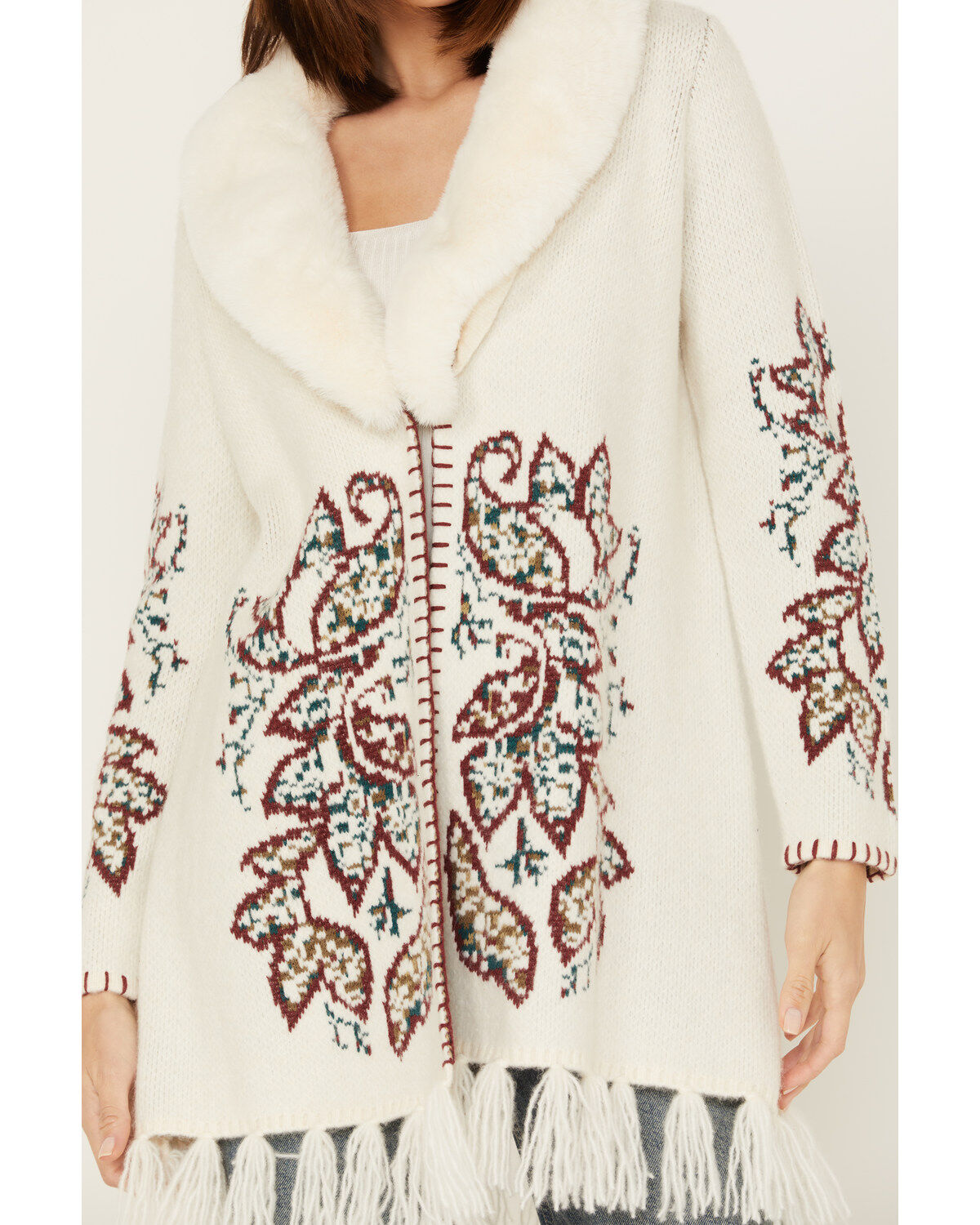Image #3 - Shyanne Women's Paisley Knit Fringe & Faux Fur Cardigan , , hi-res