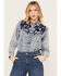 Panhandle Women's Medium Wash Floral Long Sleeve Pearl Snap Western Shirt, Blue, hi-res