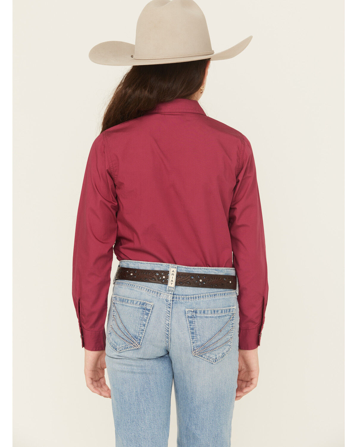 Image #4 - Ariat Girls' Shine Bright Solid Long Sleeve Rhinestone Snap Western Shirt, Maroon, hi-res