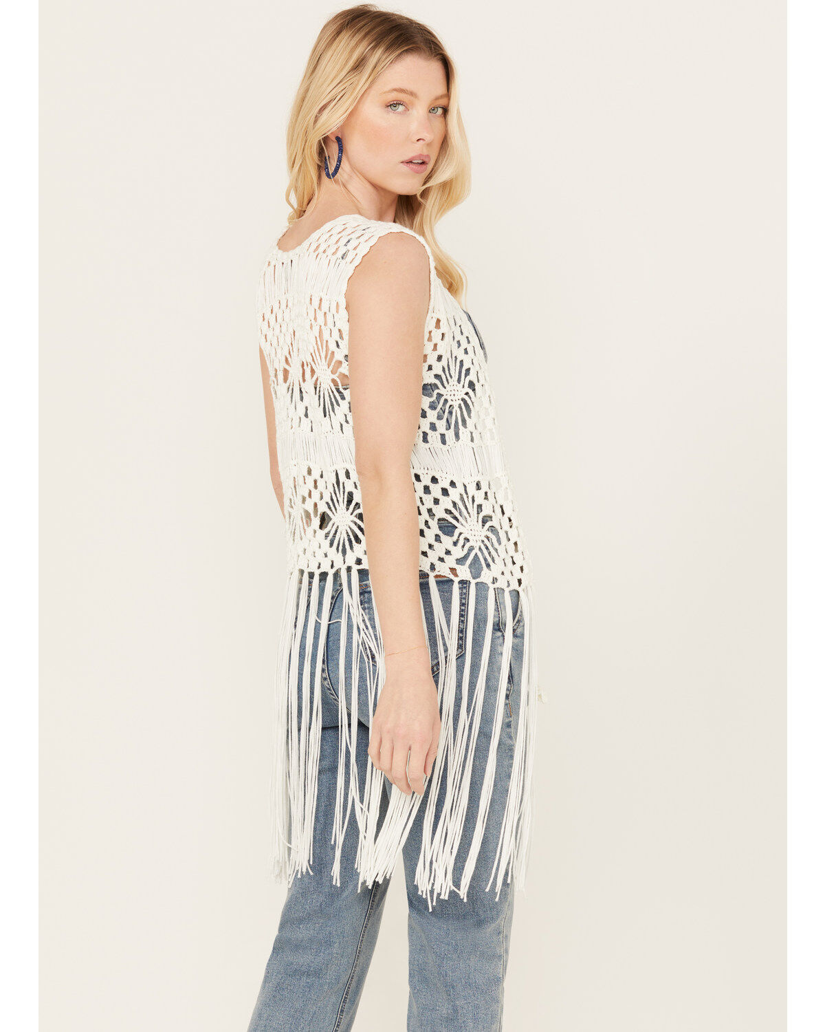 Image #4 - Rock & Roll Denim Women's Crochet Fringe Vest, Cream, hi-res