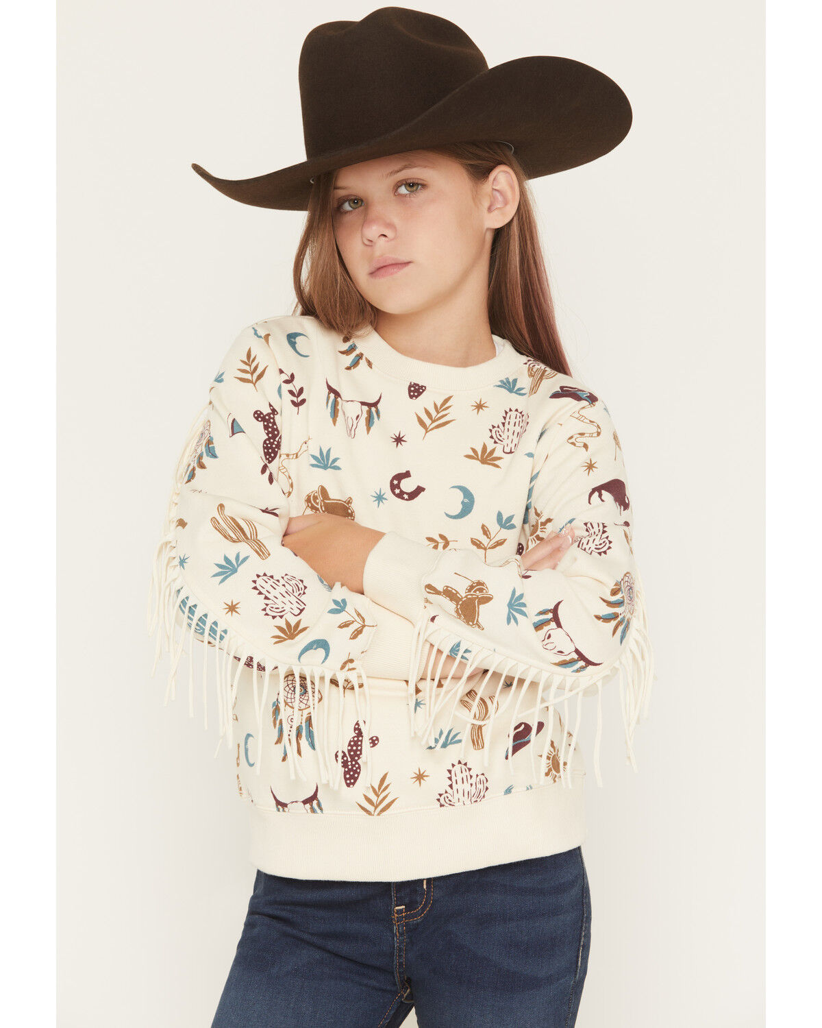 Image #1 - Shyanne Girls' Cassi Conversational Fringe Pullover Sweatshirt, Cream, hi-res