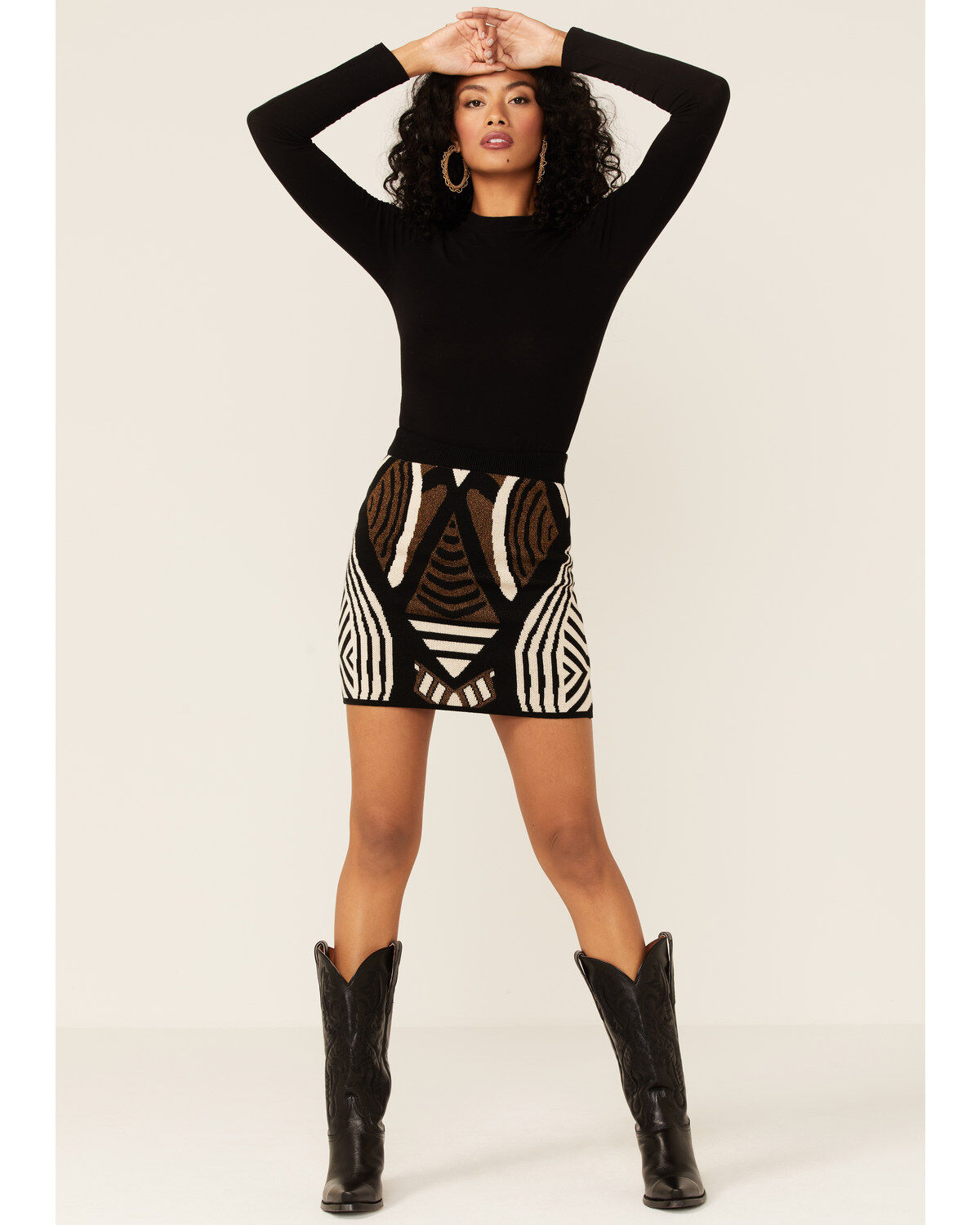 Image #1 - Shyanne Women's Black & White Southwestern Gold Metallic Mini Skirt, , hi-res