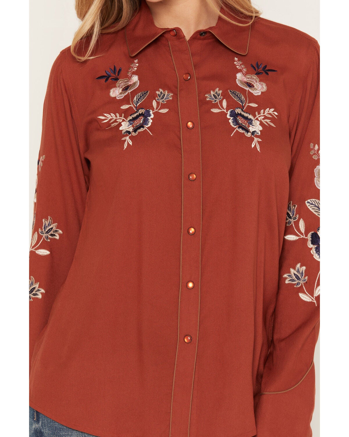 Image #3 - Shyanne Women's Linden Floral Embroidered Long Sleeve Pearl Snap Western Shirt, Brick Red, hi-res