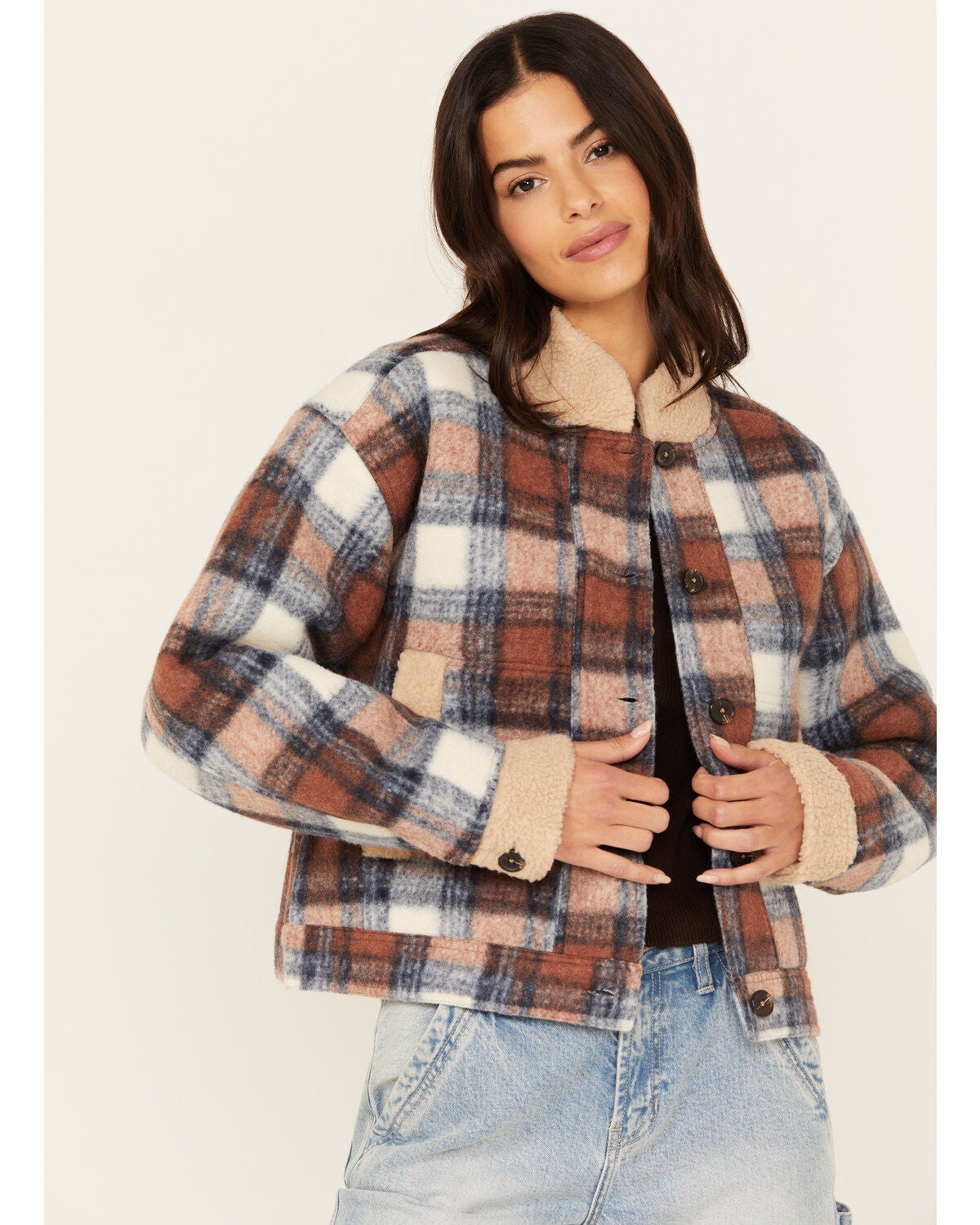 Cleo + Wolf Women's Cropped Plaid Print Jacket, Rust Copper, hi-res
