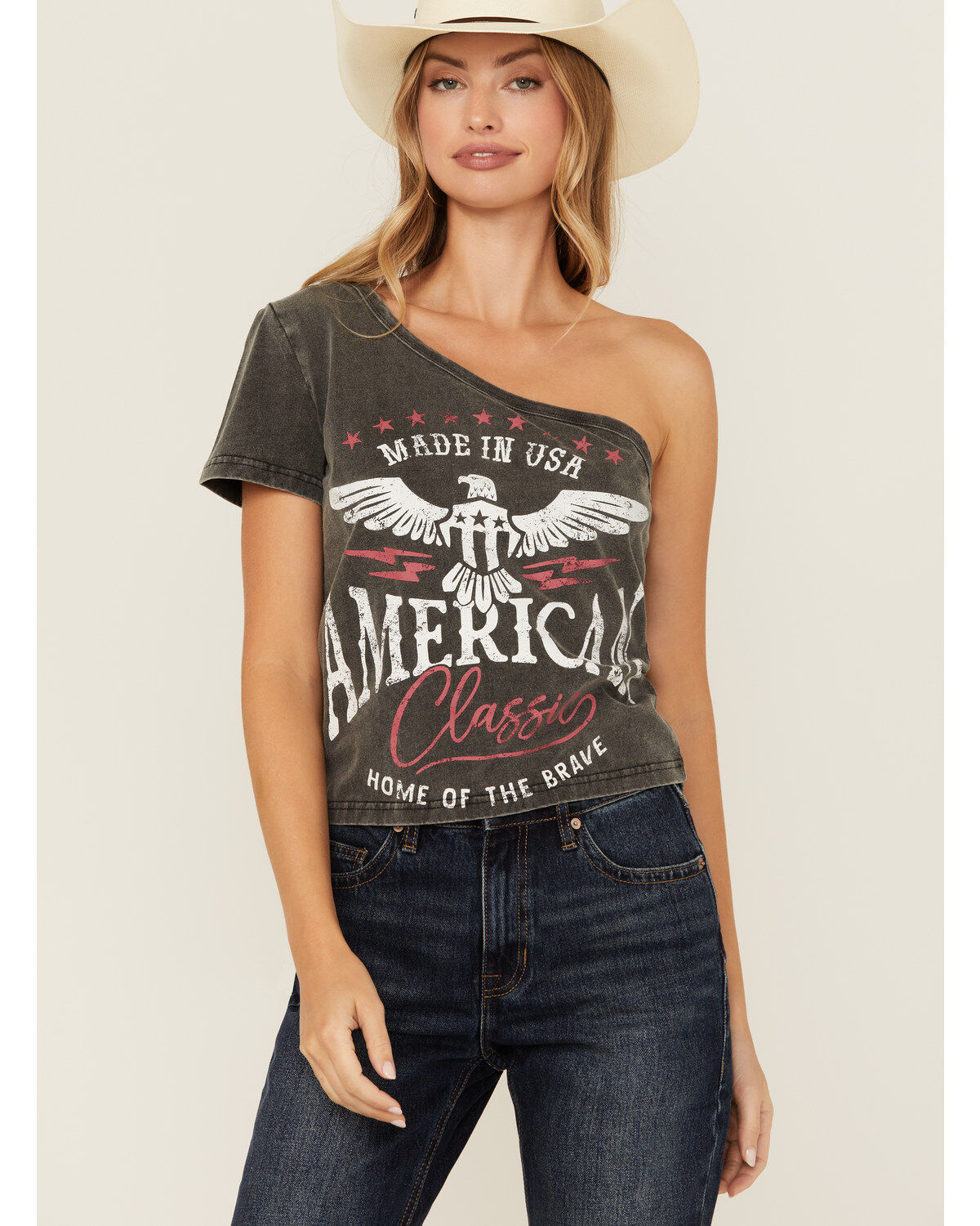 Youth in Revolt Women's Americana One Shoulder Tee, Black, hi-res