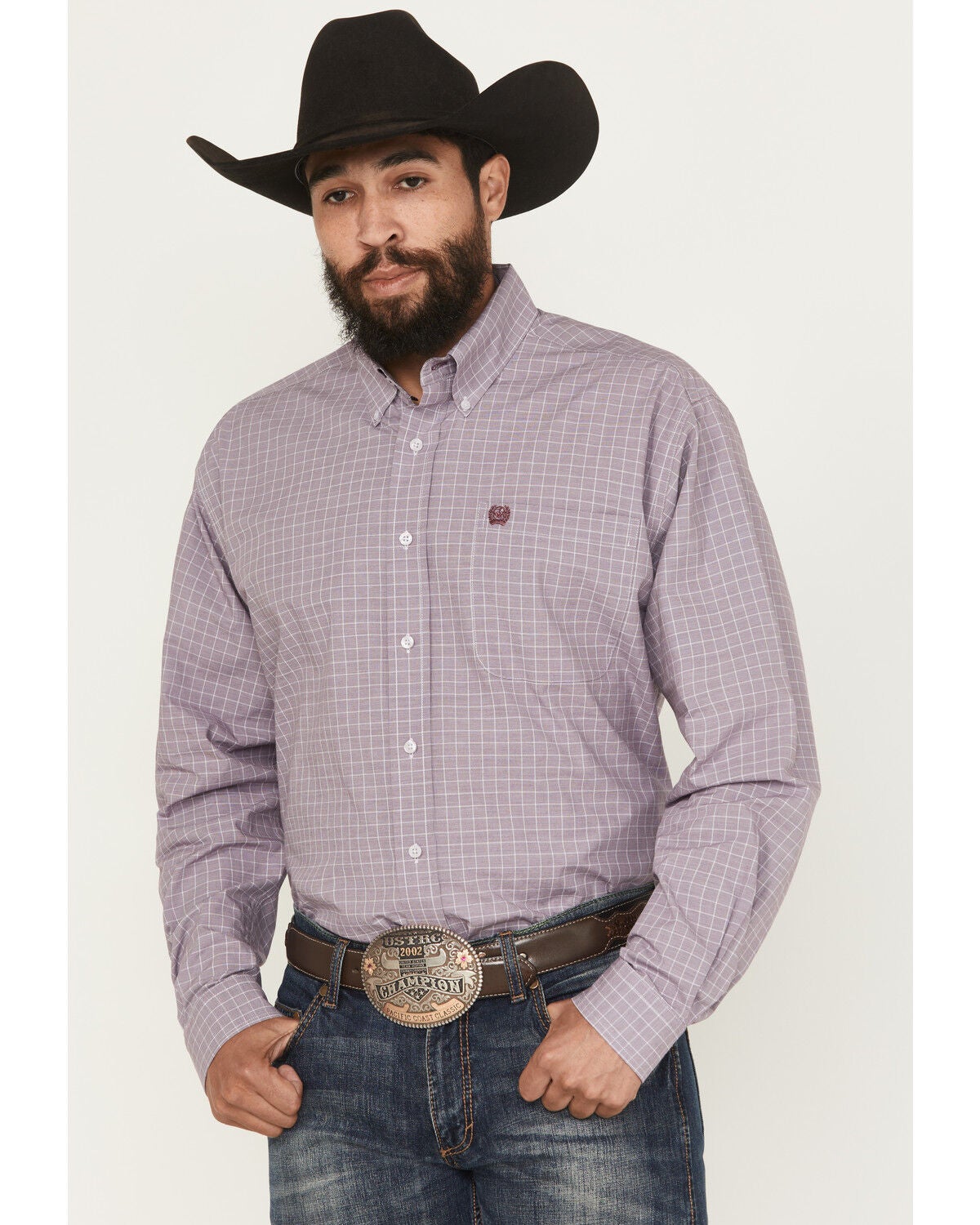 Cinch Men's Checkered Long Sleeve Button-Down Western Shirt, Light Purple, hi-res