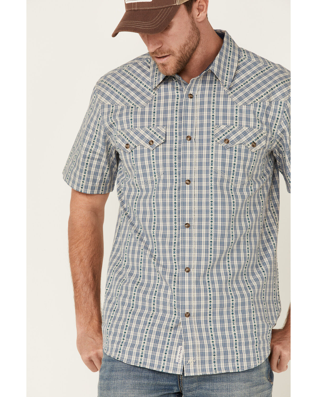 Image #3 - Moonshine Spirit Men's Santa Fe Dobby Plaid Short Sleeve Snap Western Shirt, Tan, hi-res