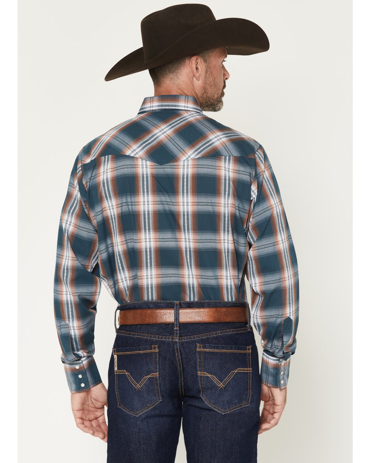 Image #4 - Ely Walker Men's Plaid Print Long Sleeve Pearl Snap Western Shirt, Dark Teal, hi-res