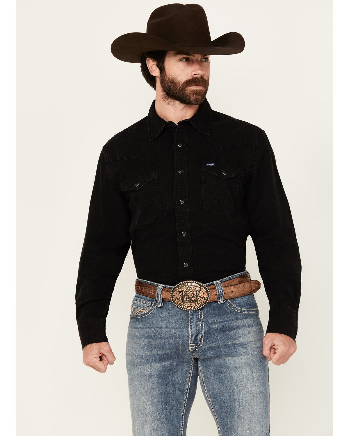 Wrangler Men's Solid Long Sleeve Snap Denim Western Shirt, Black, hi-res