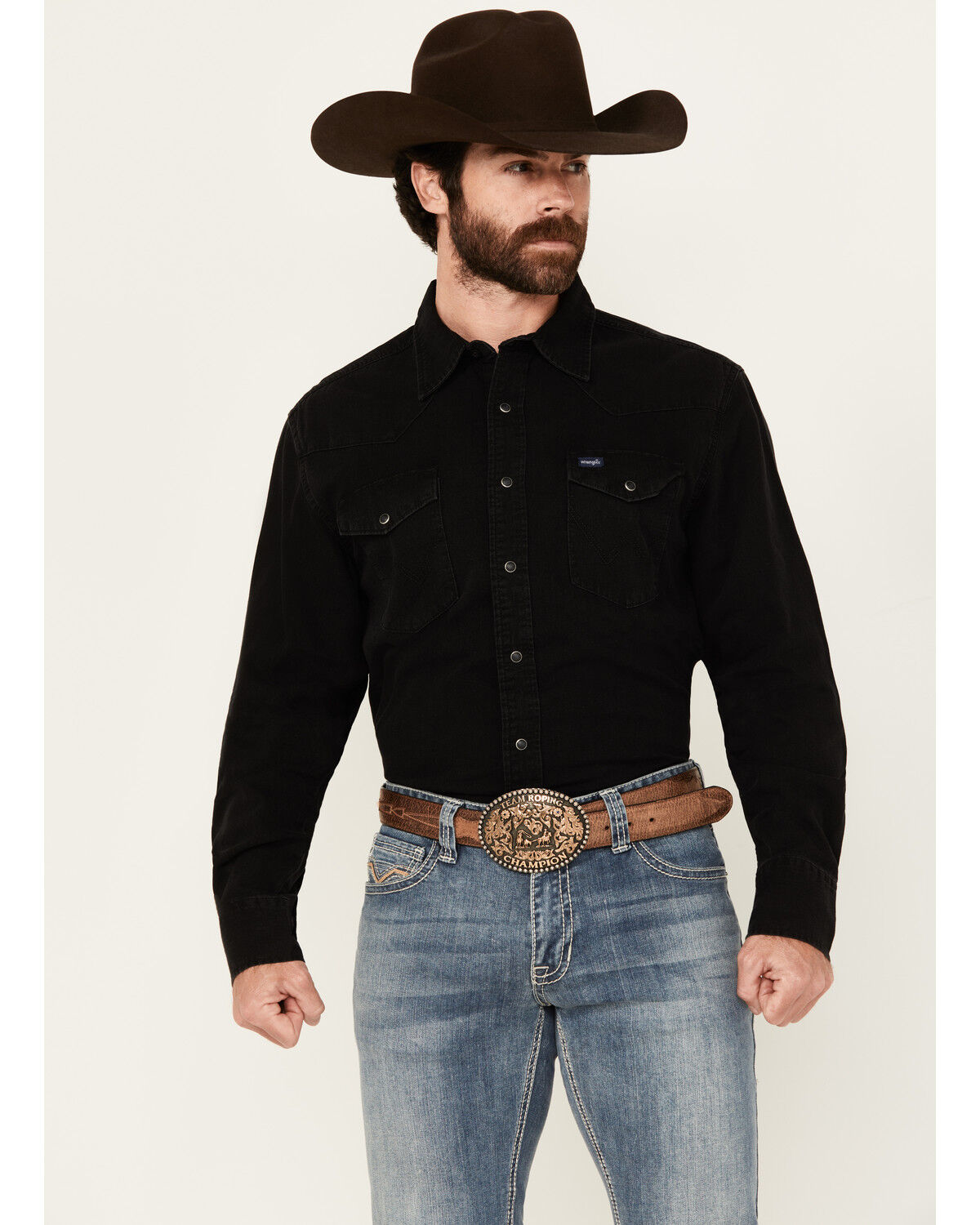 Image #1 - Wrangler Men's Solid Long Sleeve Snap Denim Western Shirt, Black, hi-res