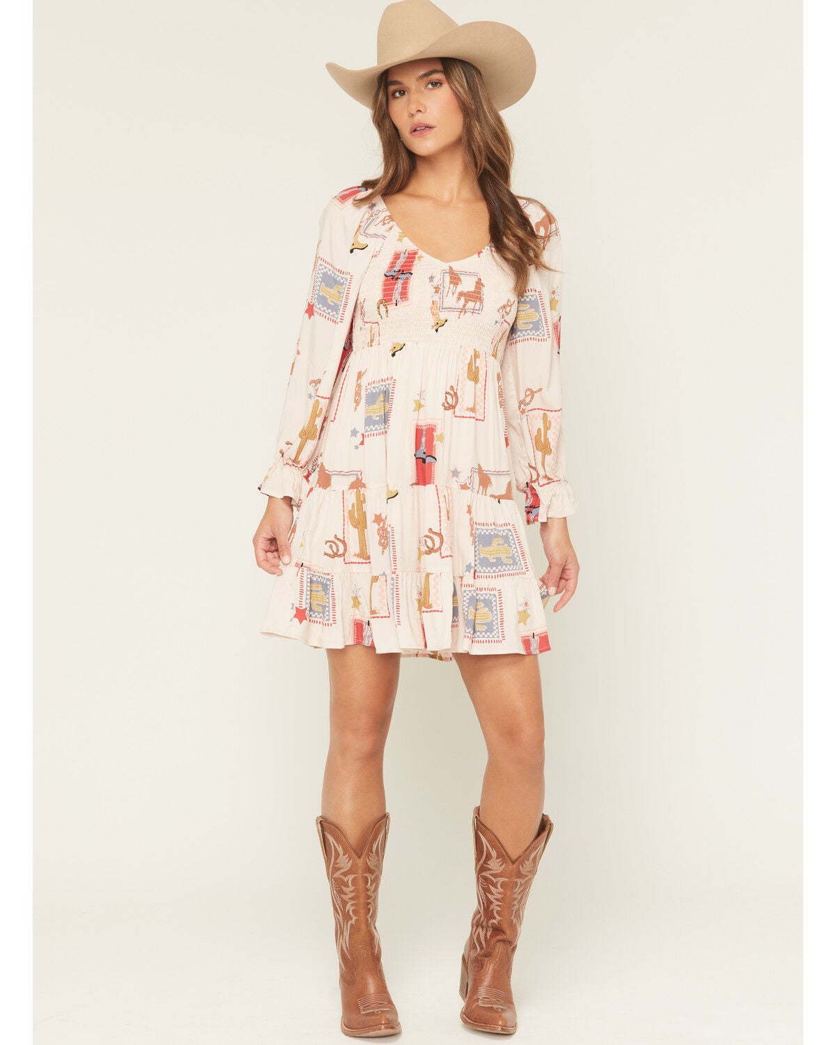 Blue B Women's Western Print Long Sleeve Mini Dress, Light Pink, hi-res