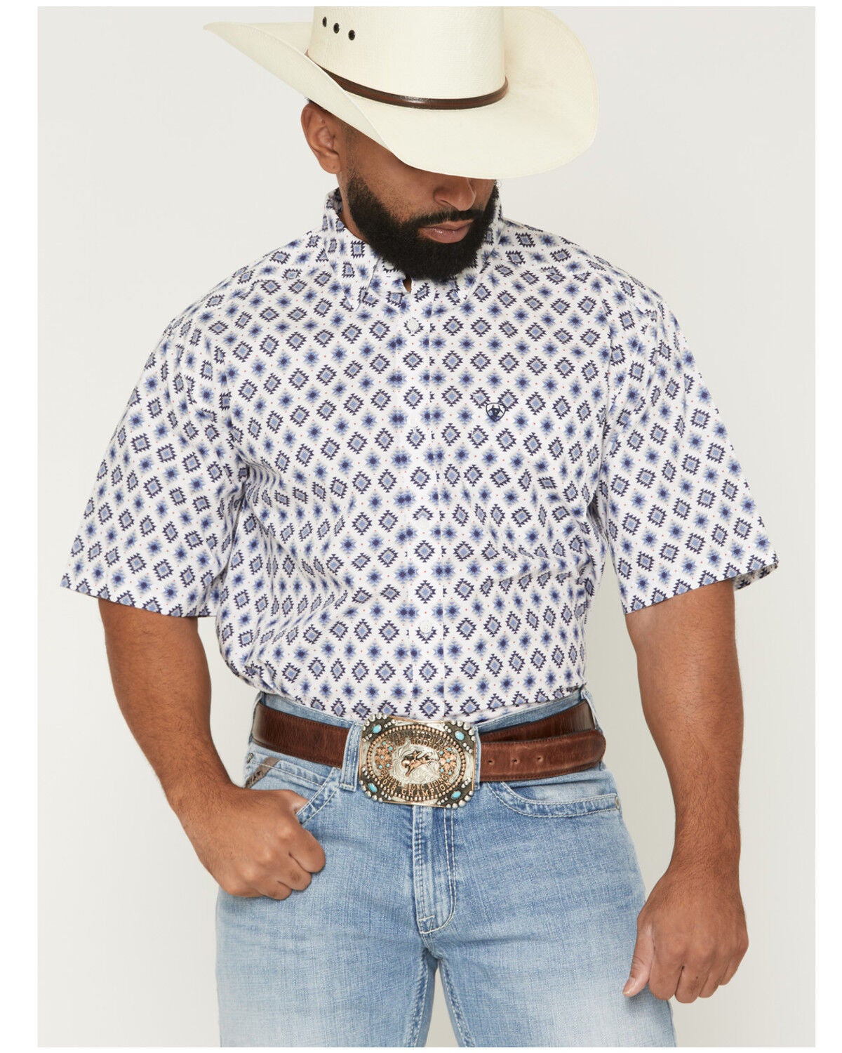 Ariat Men's Baxter Southwestern Print Short Sleeve Button-Down Western Shirt - Tall, White, hi-res