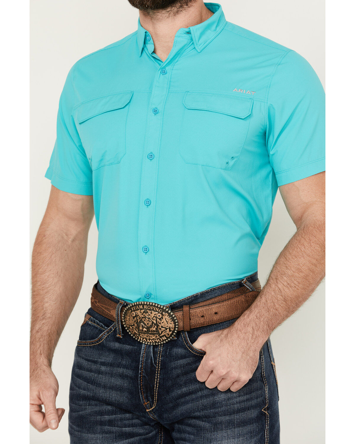 Image #3 - Ariat Men's VenTek Outbound Solid Short Sleeve Button-Down Performance Western Shirt, Turquoise, hi-res