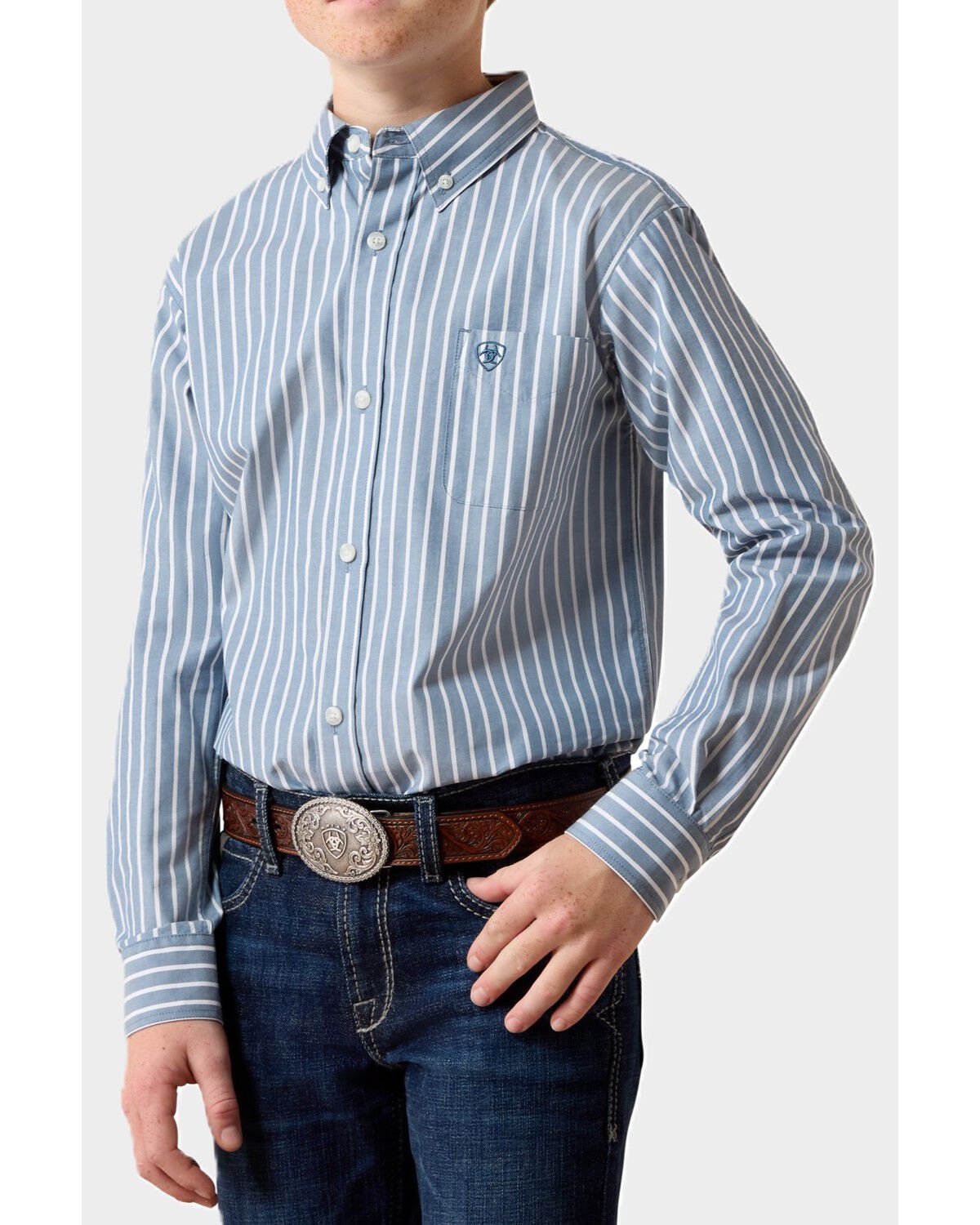 Image #1 - Ariat Boys' Delaney Striped Print Long Sleeve Button-Down Western Shirt, Blue, hi-res