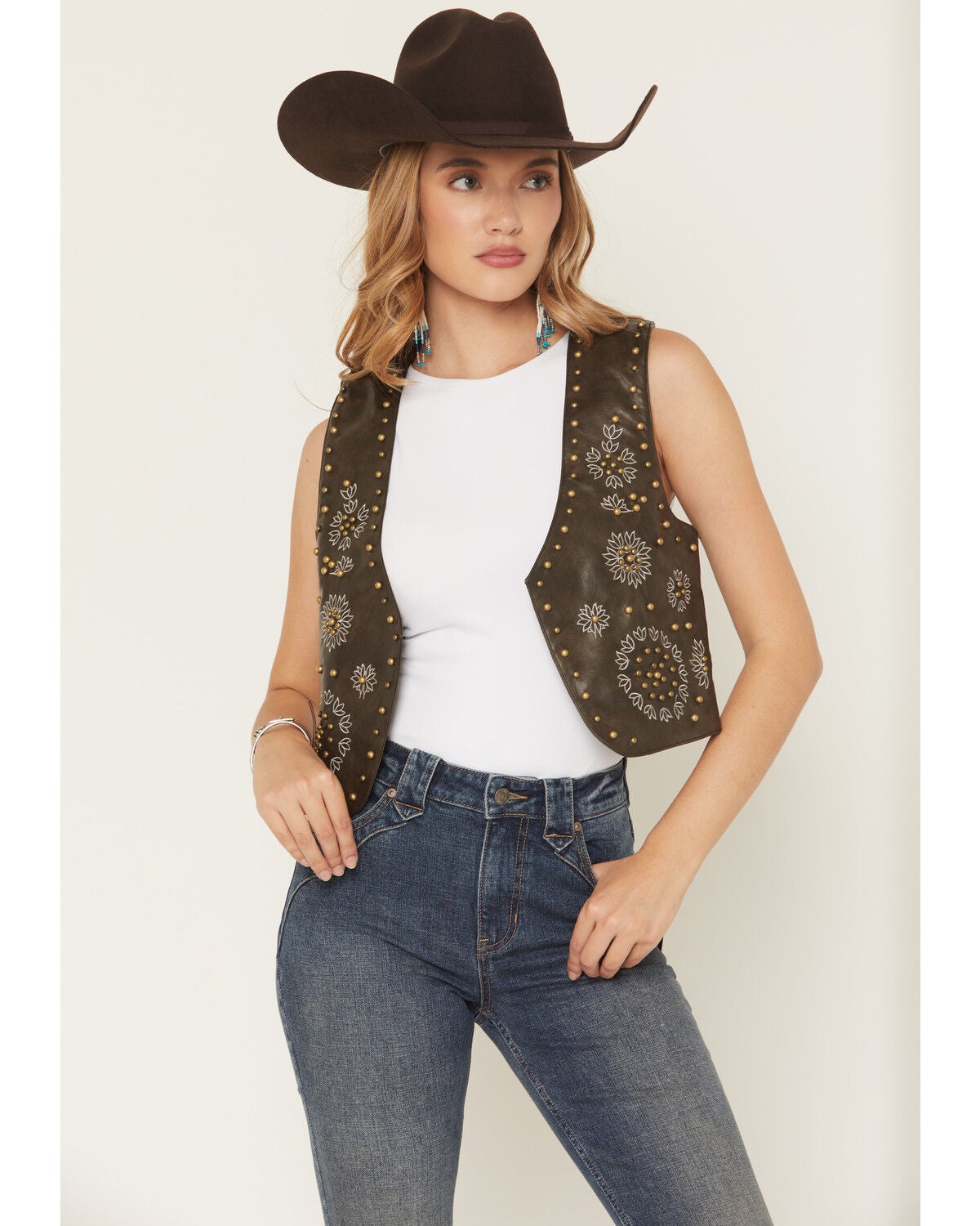Fornia Women's Studded Floral Embroidered Vest, Olive, hi-res