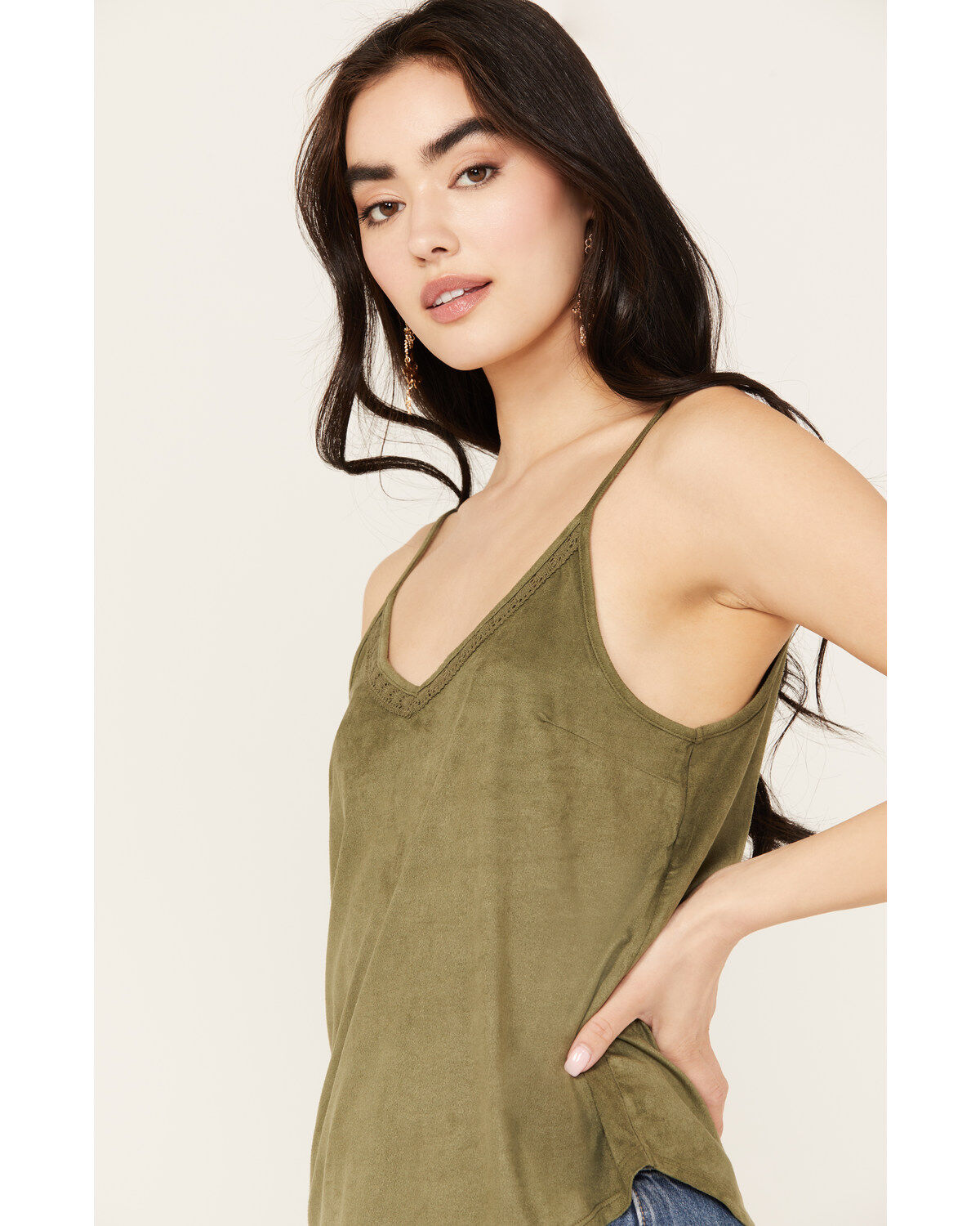 Image #2 - Shyanne Women's Crochet Lace Faux Suede Cami Top, Olive, hi-res