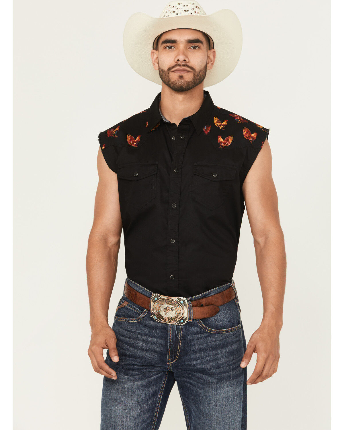 Image #1 - Cody James Men's Rooster Cutoff Snap Western Shirt, Black, hi-res