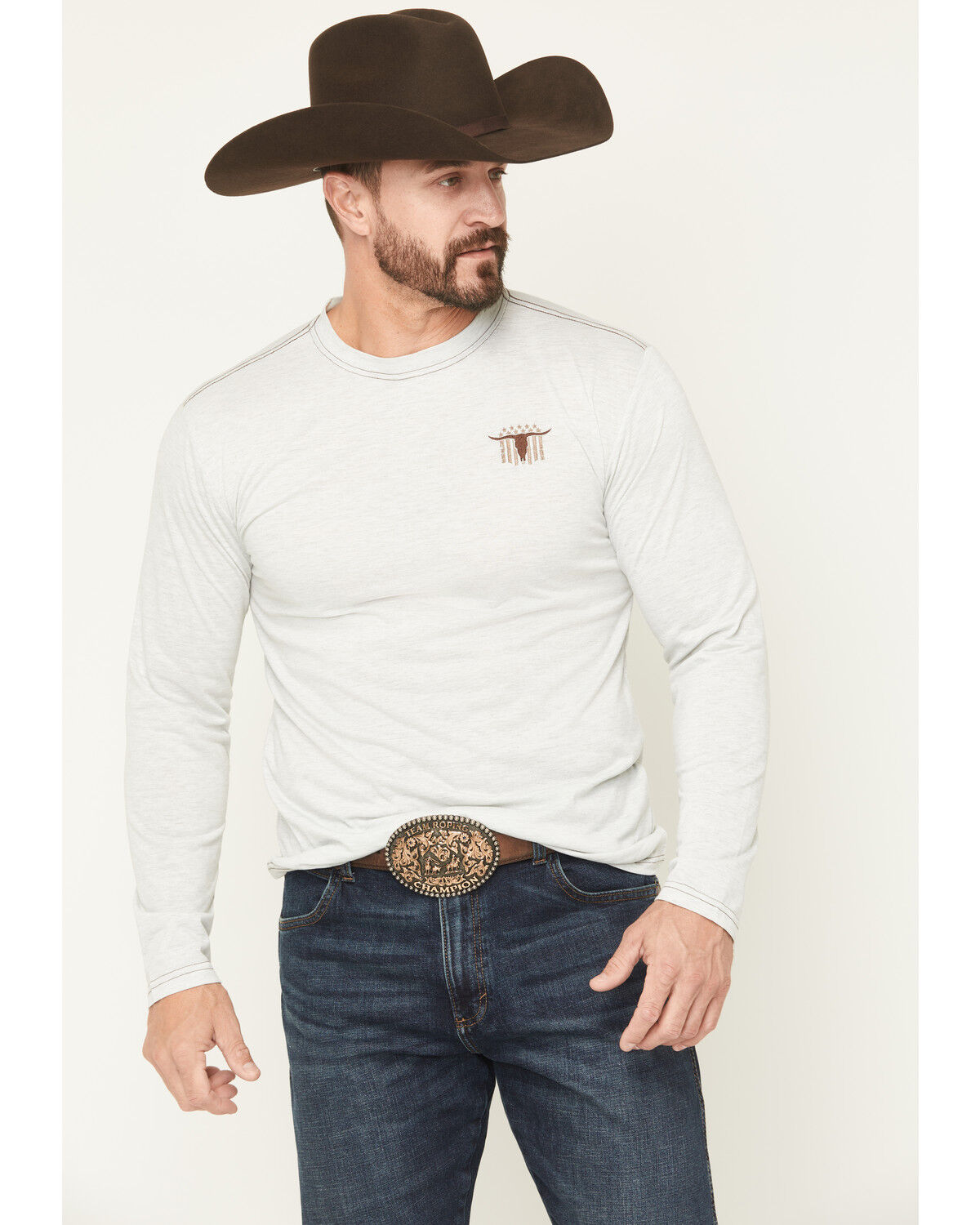 Image #1 - Cowboy Hardware Men's Steerhead Embroidered Long Sleeve Shirt, Oatmeal, hi-res