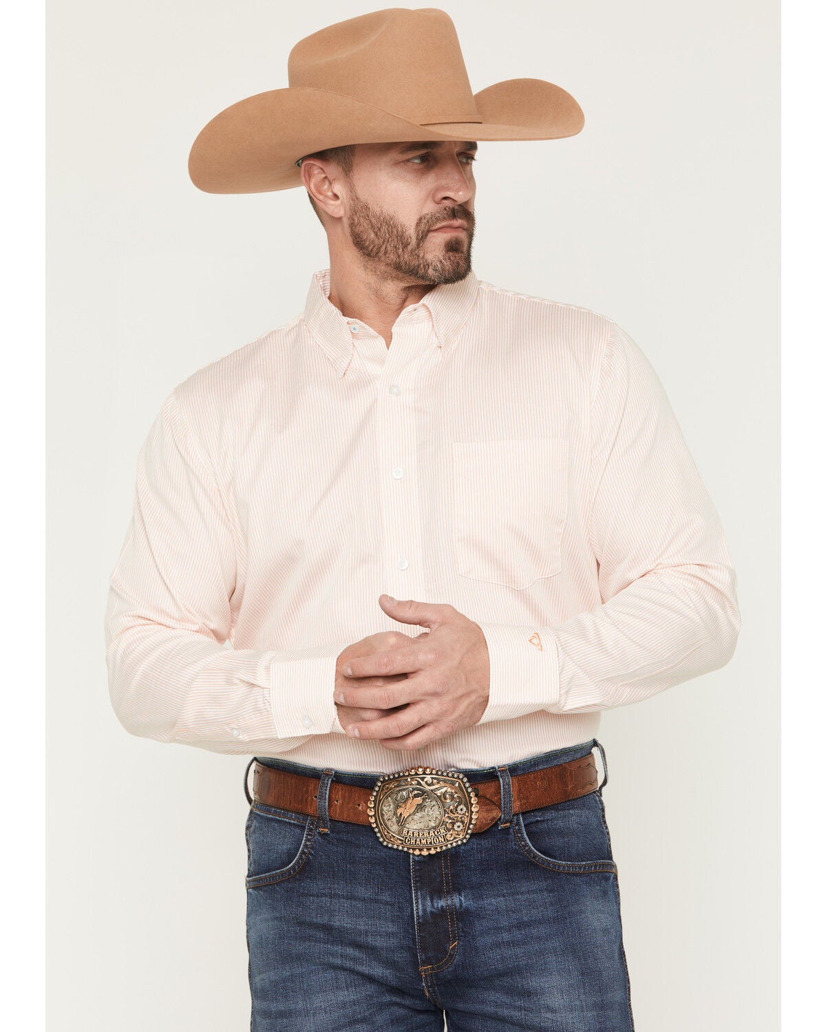 Wrangler X Cody Johnson Men's Striped Long Sleeve Button-Down Western Shirt, White, hi-res