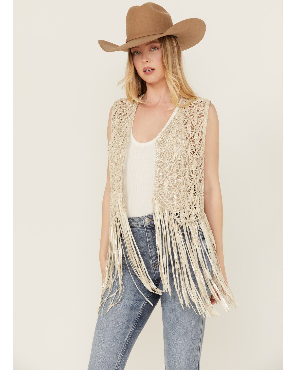 Wonderwest Women's Foiled Suede Vest, Cream, hi-res