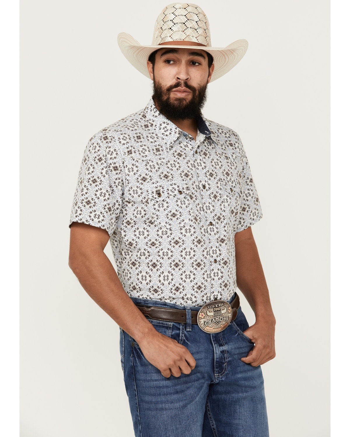 Cody James Men's High Plains Southwestern Print Short Sleeve Snap Western Shirt, Light Blue, hi-res