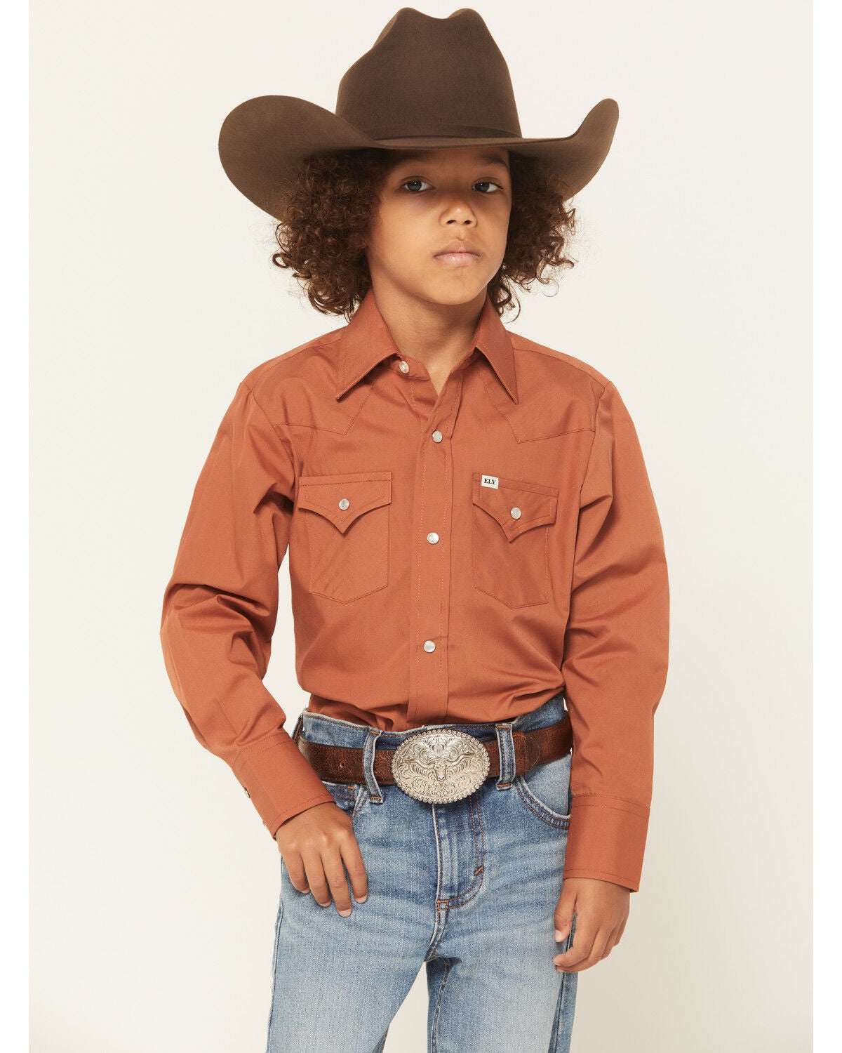 Ely Walker Boys' Solid Long Sleeve Snap Western Shirt, Rust Copper, hi-res