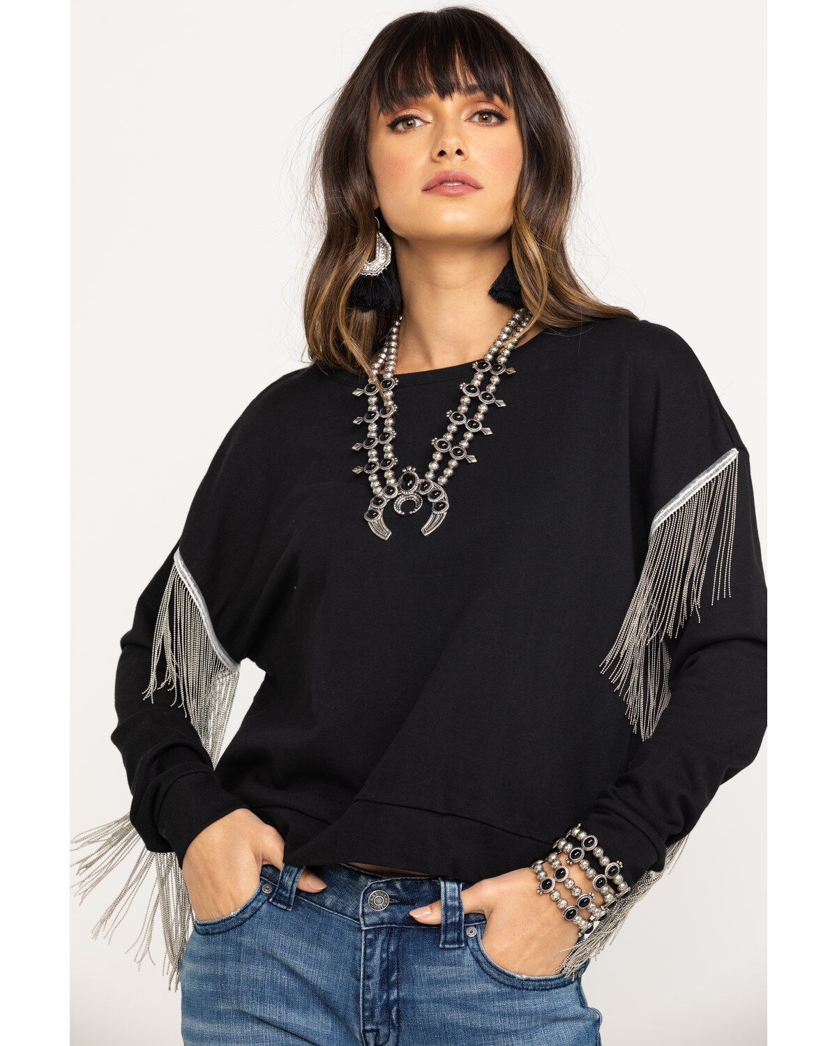 Image #1 - Roper Women's Chain Fringe Long Sleeve Top, , hi-res