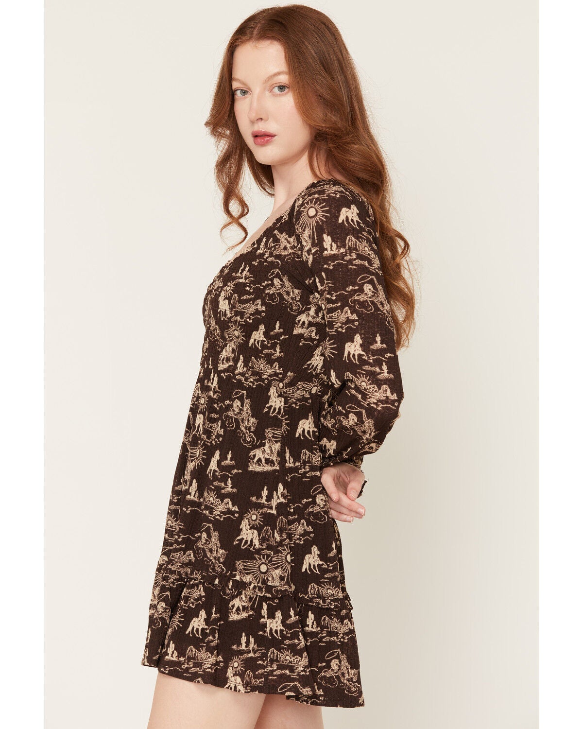 Image #2 - Idyllwind Women's Aldrich Conversation Print Long Sleeve Mini Dress, Dark Brown, hi-res