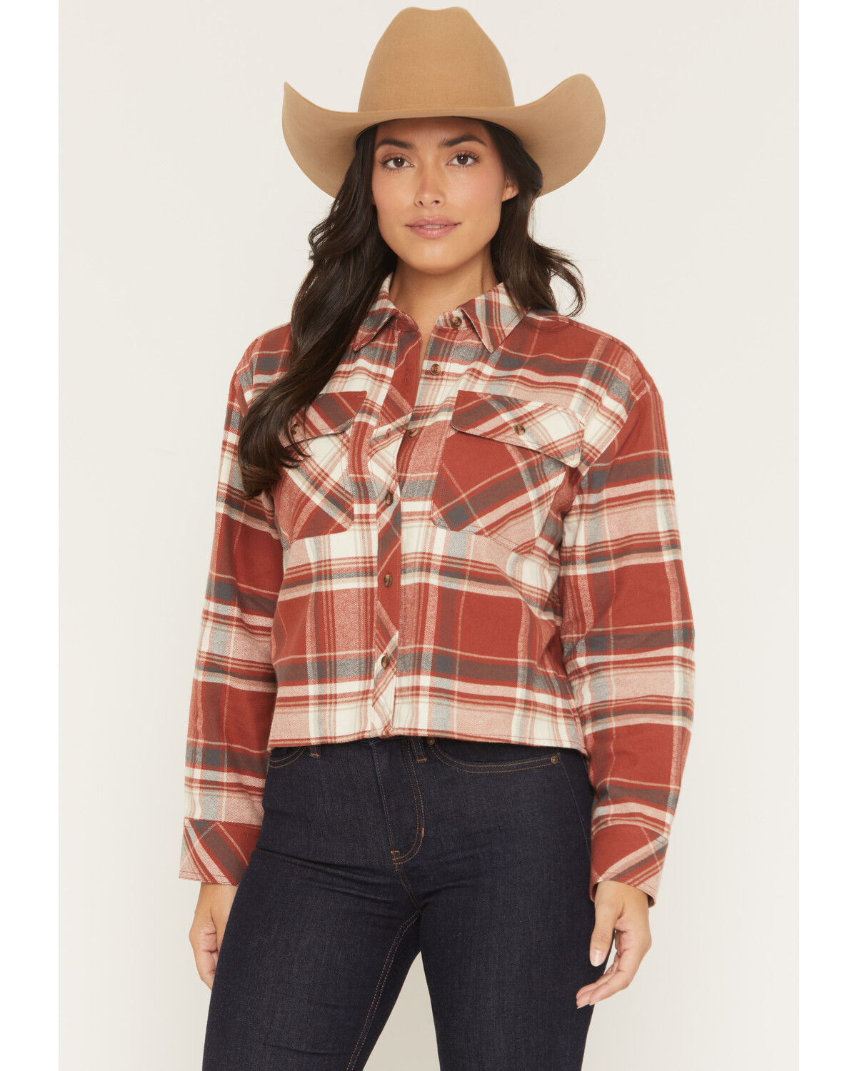 Image #1 - Shyanne Women's Pershing Plaid Print Long Sleeve Cropped Flannel Shirt, Caramel, hi-res
